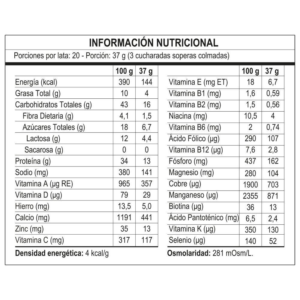 Tabla Nutricional Nutren Senior en Polvo sabor vainilla de 740 gramos